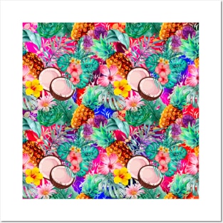 tropical pineapple exotic botanical illustration with floral tropical fruits, exotic flowers, coconuts, hot pink and purple fruit pattern over a Posters and Art